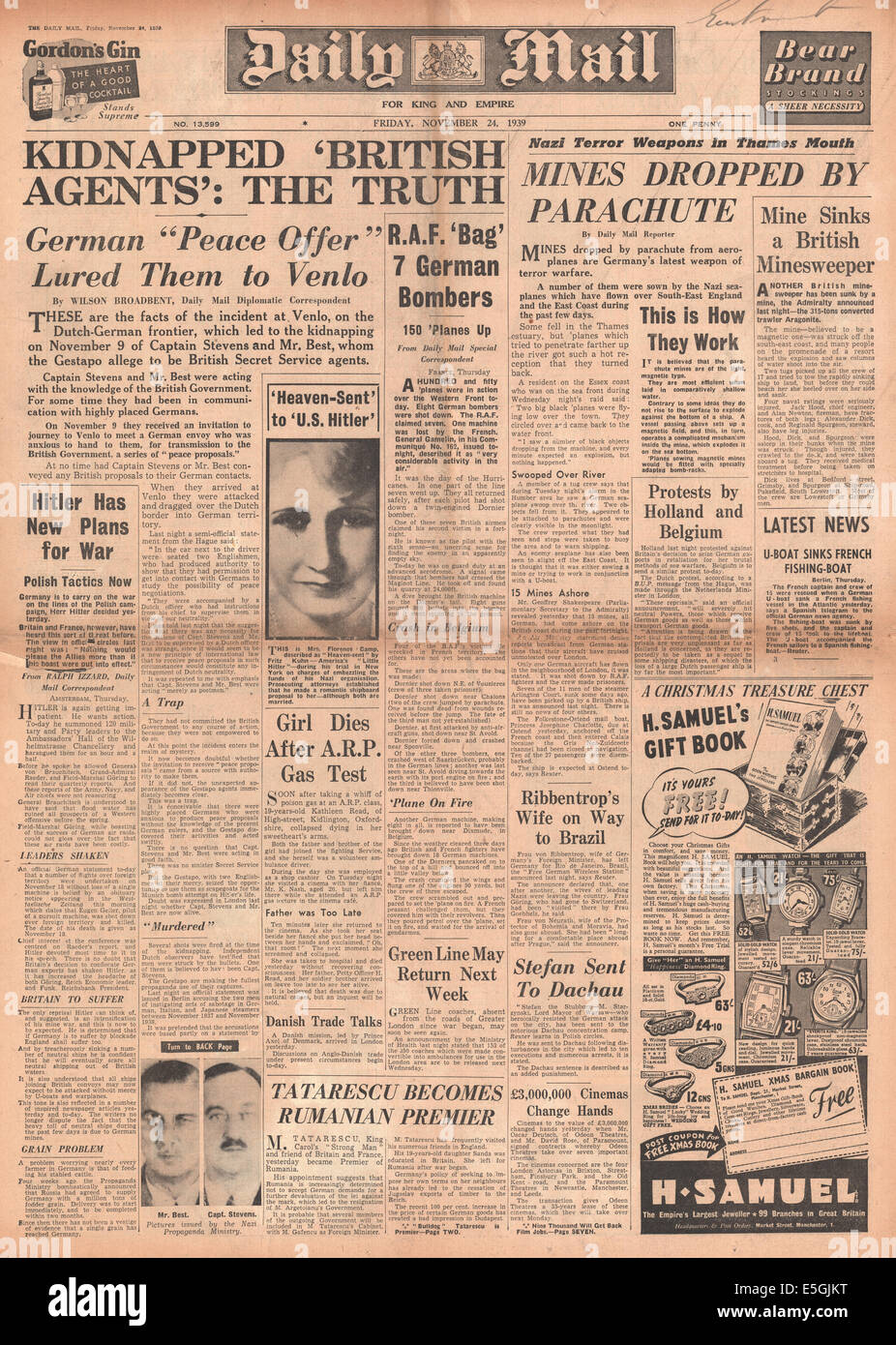 1939 Tagespost Titelseite Berichterstattung die Entführung von SIS Agenten Richard Stevens und Sigismund am besten nach Venlo Vorfall und HMS Aragonit von deutschen mine versenkt Stockfoto