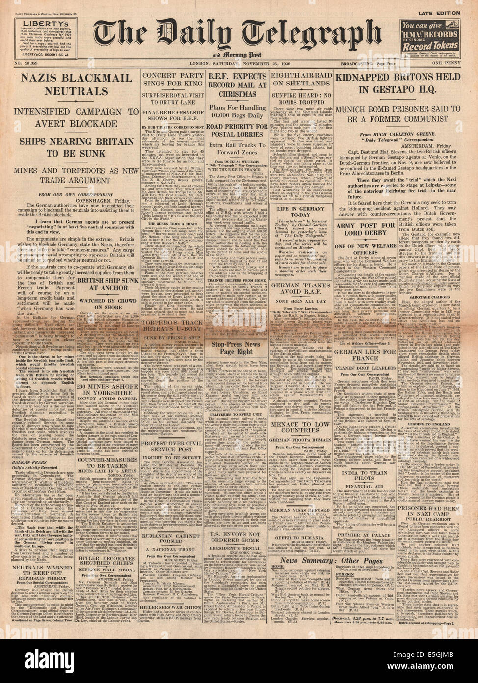 1939 daily Telegraph Titelseite Berichterstattung der Gestapo halten SIS Agenten Richard Stevens und Sigismund am besten nach der Venlo-Zwischenfall und die Bedrohung durch deutsche Minen Stockfoto