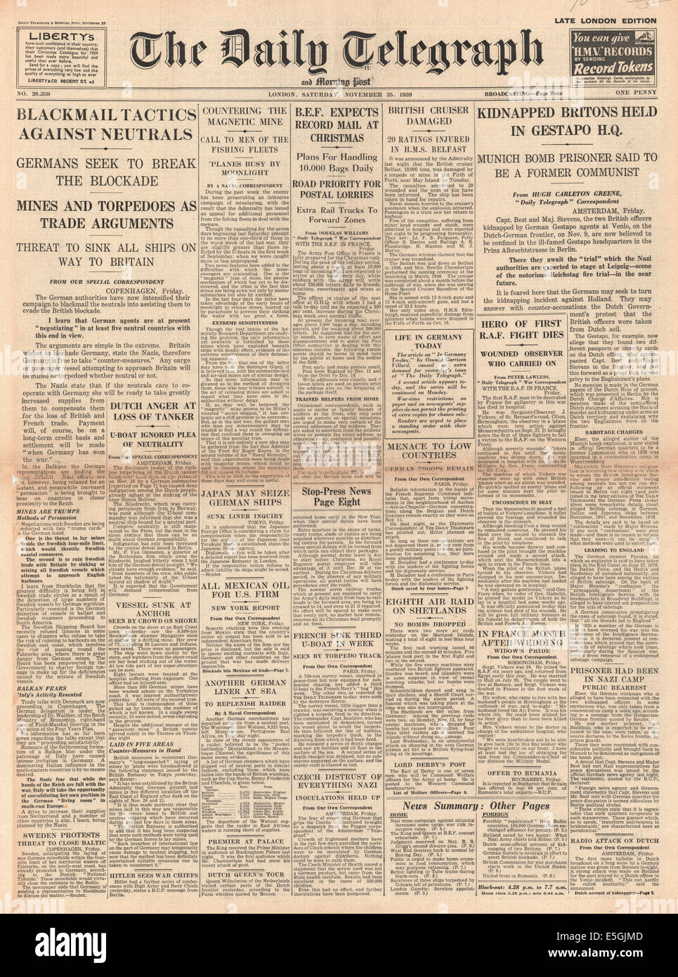 1939 daily Telegraph Titelseite Berichterstattung der Gestapo halten SIS Agenten Richard Stevens und Sigismund am besten nach der Venlo-Zwischenfall und die Bedrohung durch deutsche Minen Stockfoto