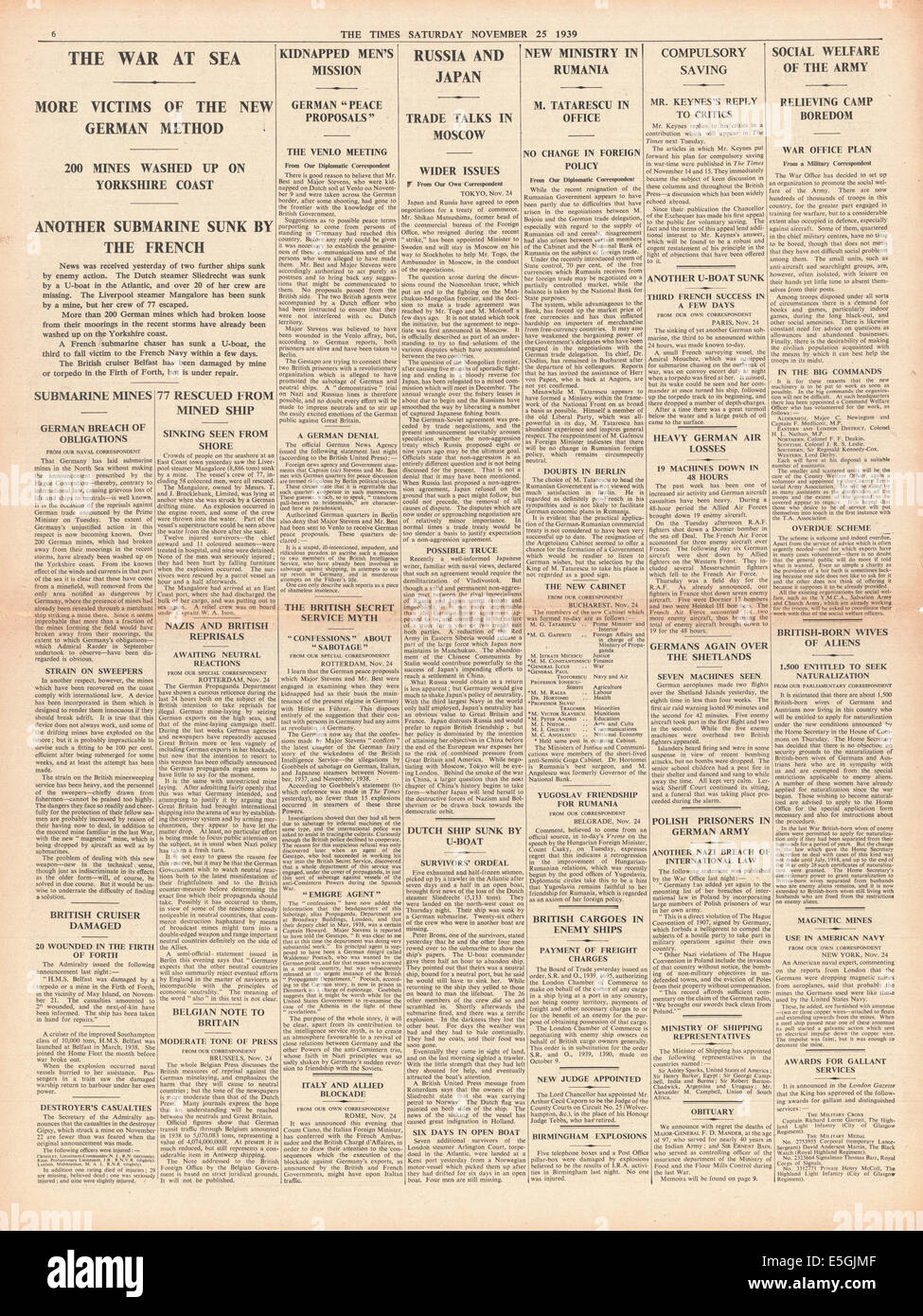 The Times 1939 Seite 6 Berichterstattung der Bedrohung durch deutsche Minen Stockfoto