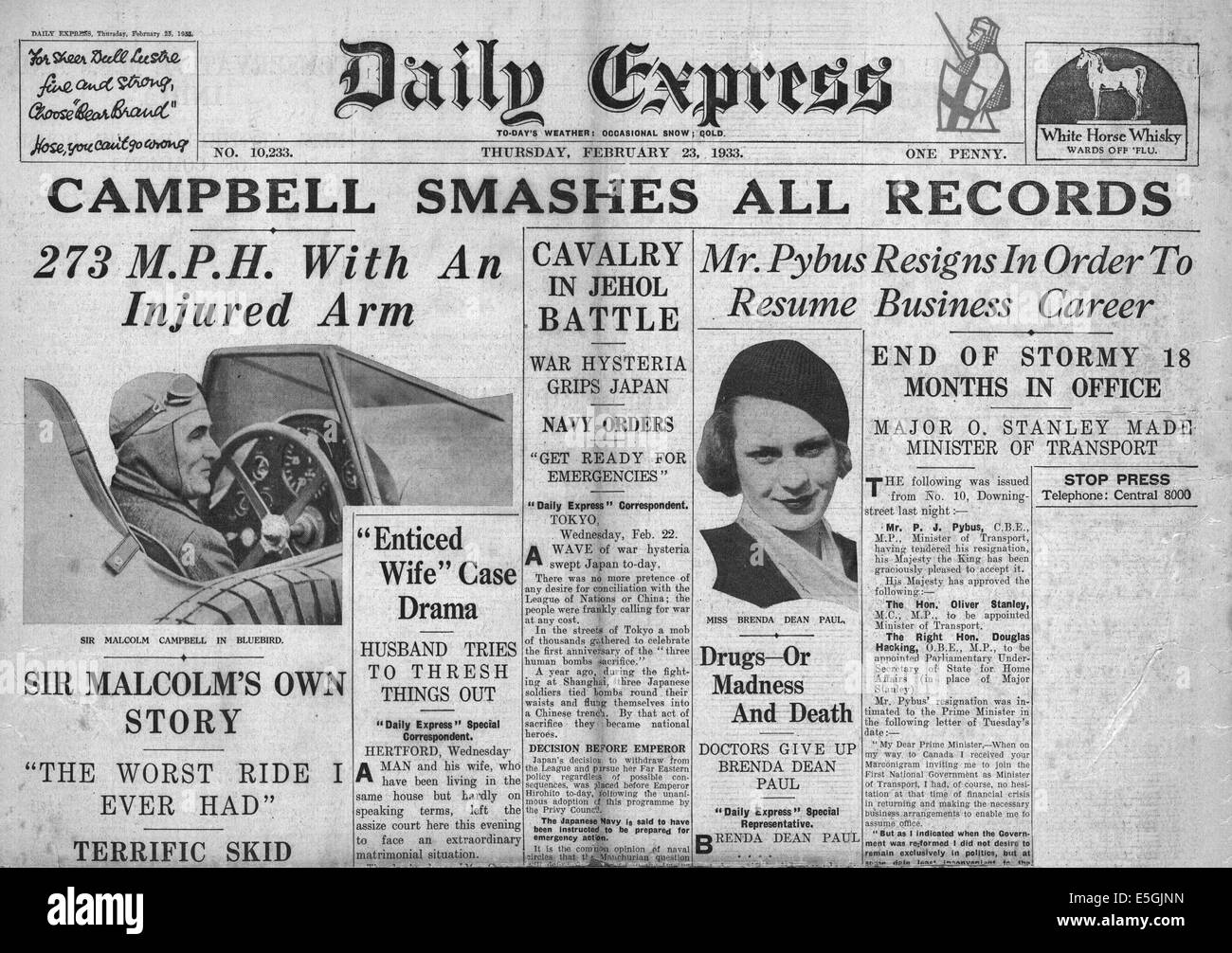 1933 daily Express Titelseite Berichterstattung Sir Malcolm Campbell bricht Geschwindigkeits-Weltrekord zu landen, in seinem Auto Bluebird in Daytona Beach Stockfoto