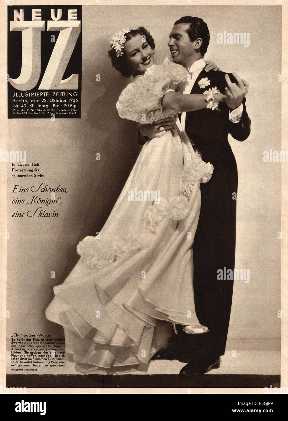 1936 Neue Illustrierte Zeitung front Cover-Foto der Schauspielerin Gladys Swarthout und US-amerikanischer Schauspieler Fred MacMurray Stockfoto