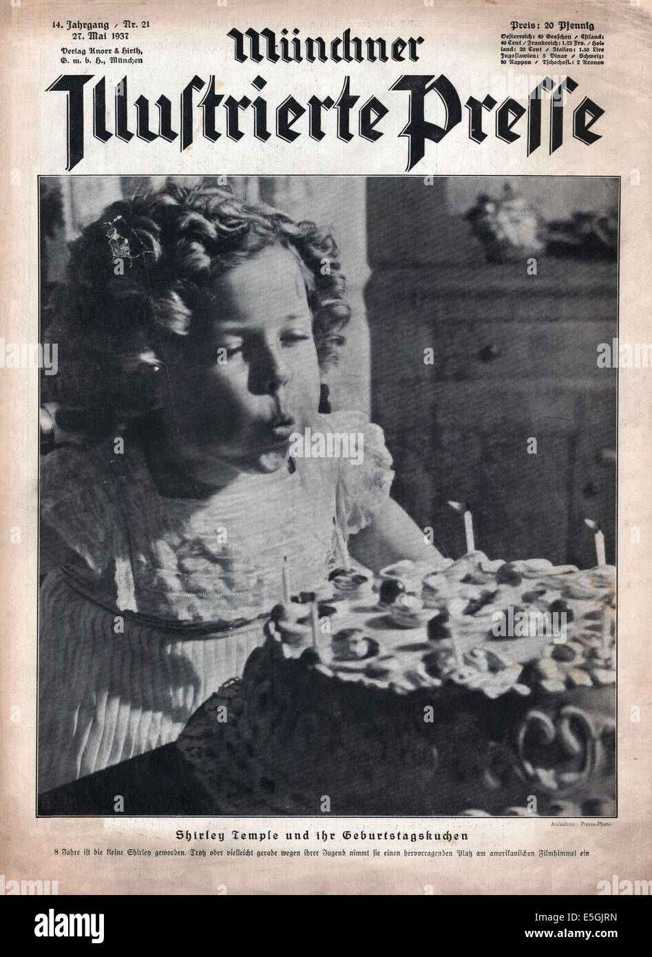 1937 Münchner Illustrierte Presse (Deutschland) vordere Abdeckung Foto der Schauspielerin Shirley Temple feiert ihren 8. Geburtstag Stockfoto