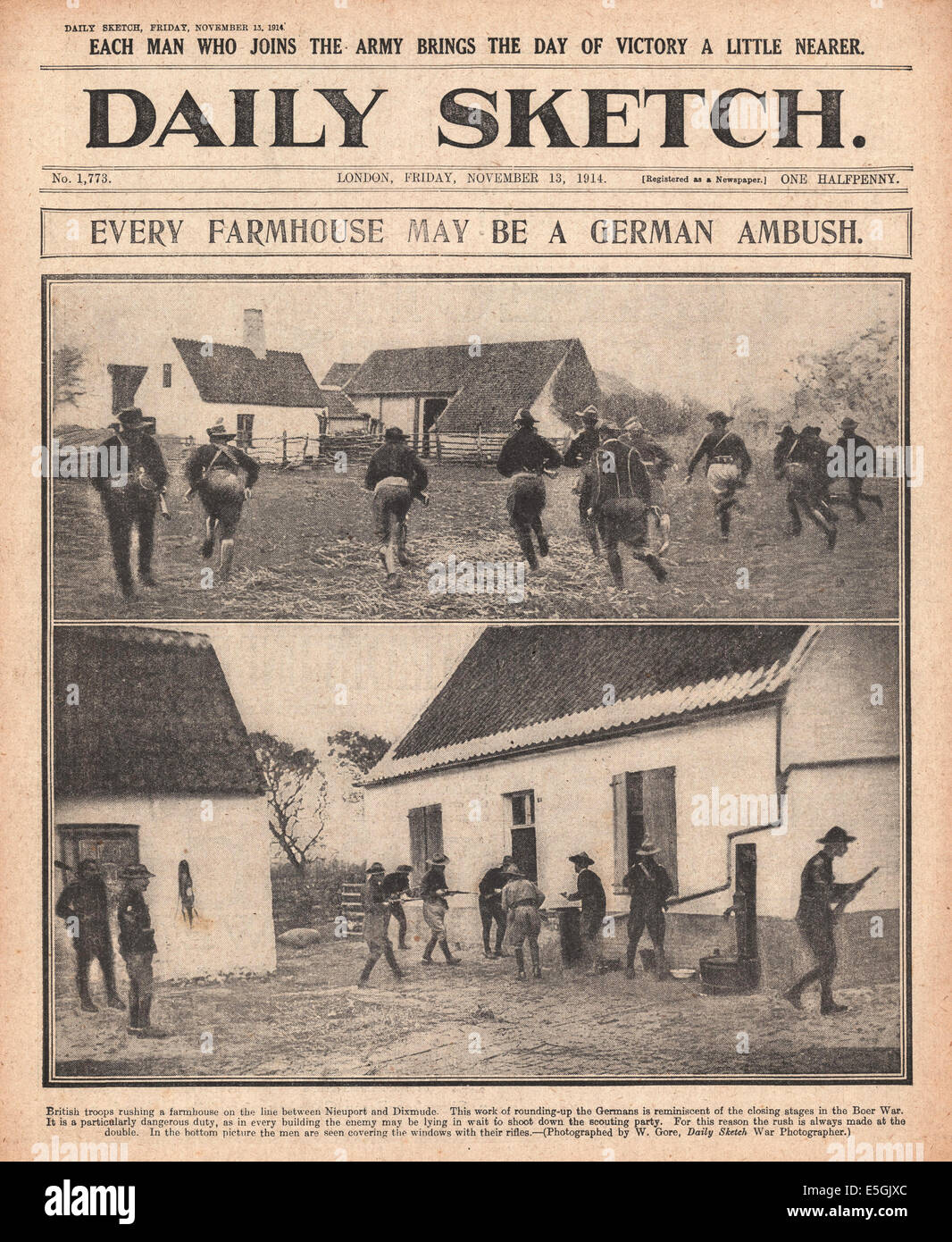 1914 daily Sketch Titelseite Berichterstattung britische Soldaten stürmen ein Bauernhaus in Belgien Stockfoto
