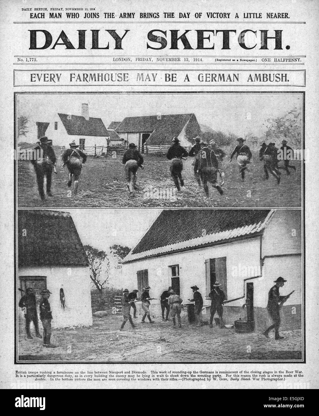 1914 daily Sketch Titelseite Berichterstattung britische Soldaten stürmen ein Bauernhaus in Belgien Stockfoto