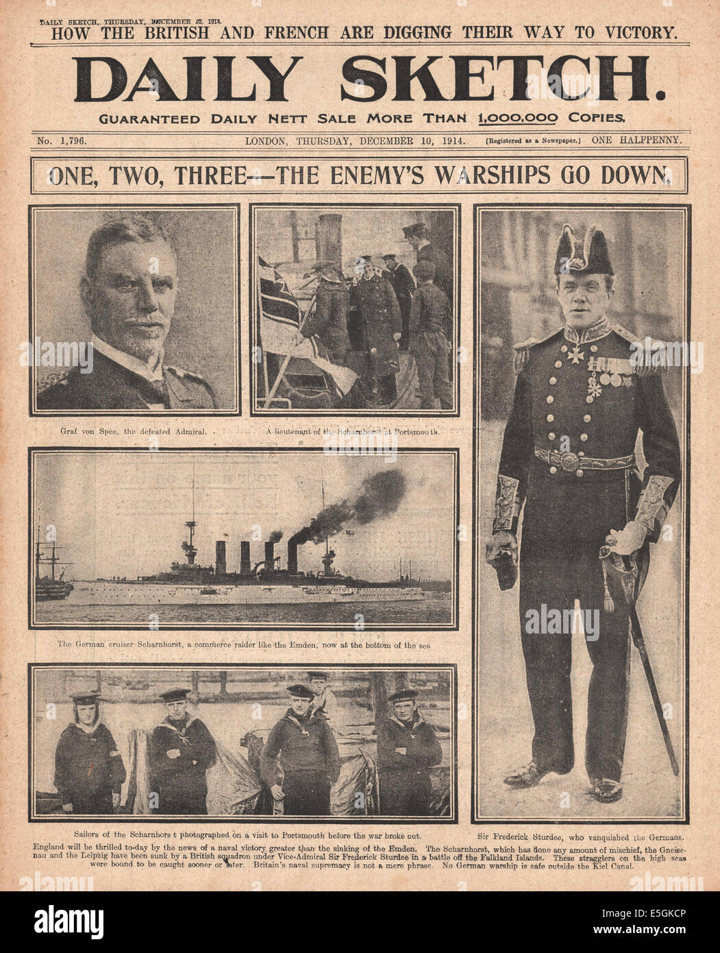 1914 daily Sketch Titelseite Berichterstattung der Untergang der deutschen Kreuzer Scharnhorst, Gneisenau, Nürnberg und Leipzig in der Schlacht von den Falkland-Inseln Stockfoto