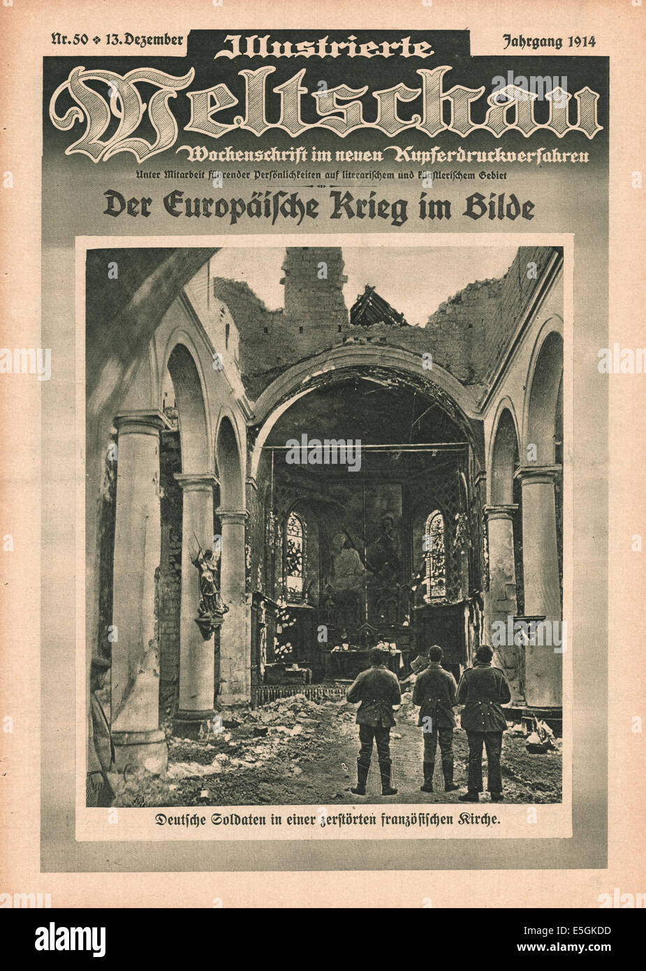 1914 stehen Illustrierte Weltschau Titelseite Berichterstattung deutscher Soldaten in einer beschädigten französische Kirche Stockfoto