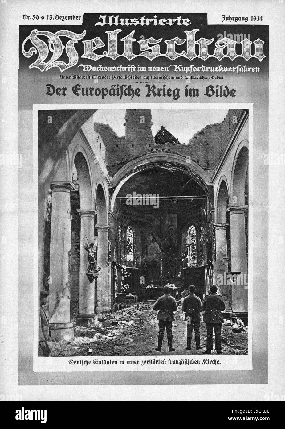 1914 stehen Illustrierte Weltschau Titelseite Berichterstattung deutscher Soldaten in einer beschädigten französische Kirche Stockfoto