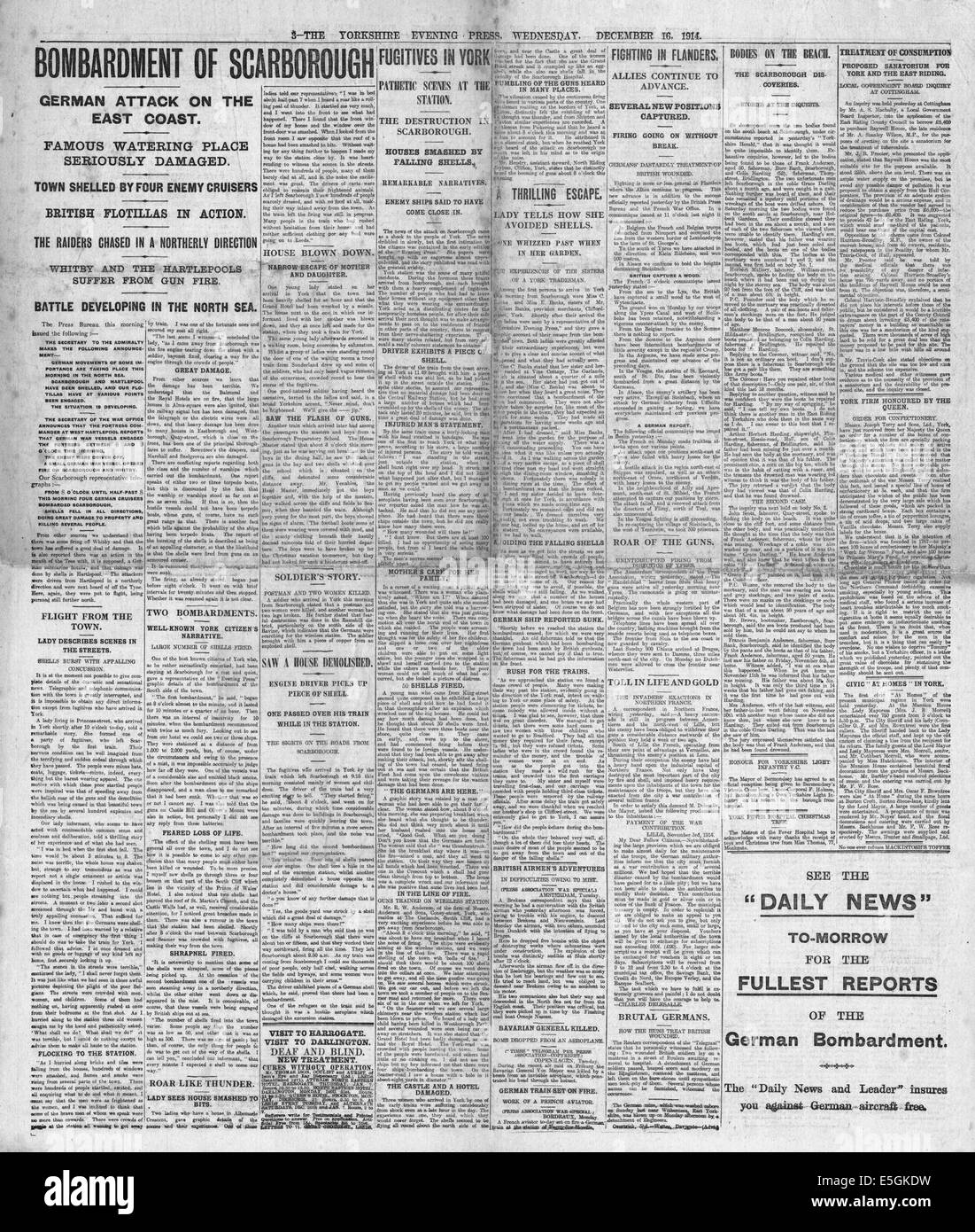 1914 Yorkshire Evening Press Titelseite Berichterstattung der Bombarbment von Scarborough, Hartlepool & Whitby durch Kreuzer der Kriegsmarine Stockfoto