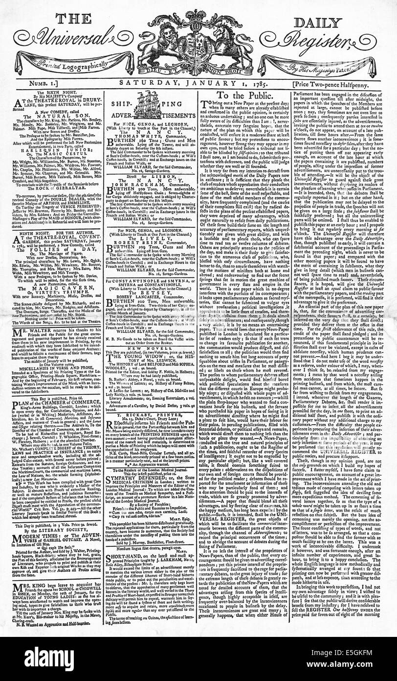 1785 the Daily Universal Register Ausgabe Nr. 1, die später als The Times im Jahr 1788 Stockfoto