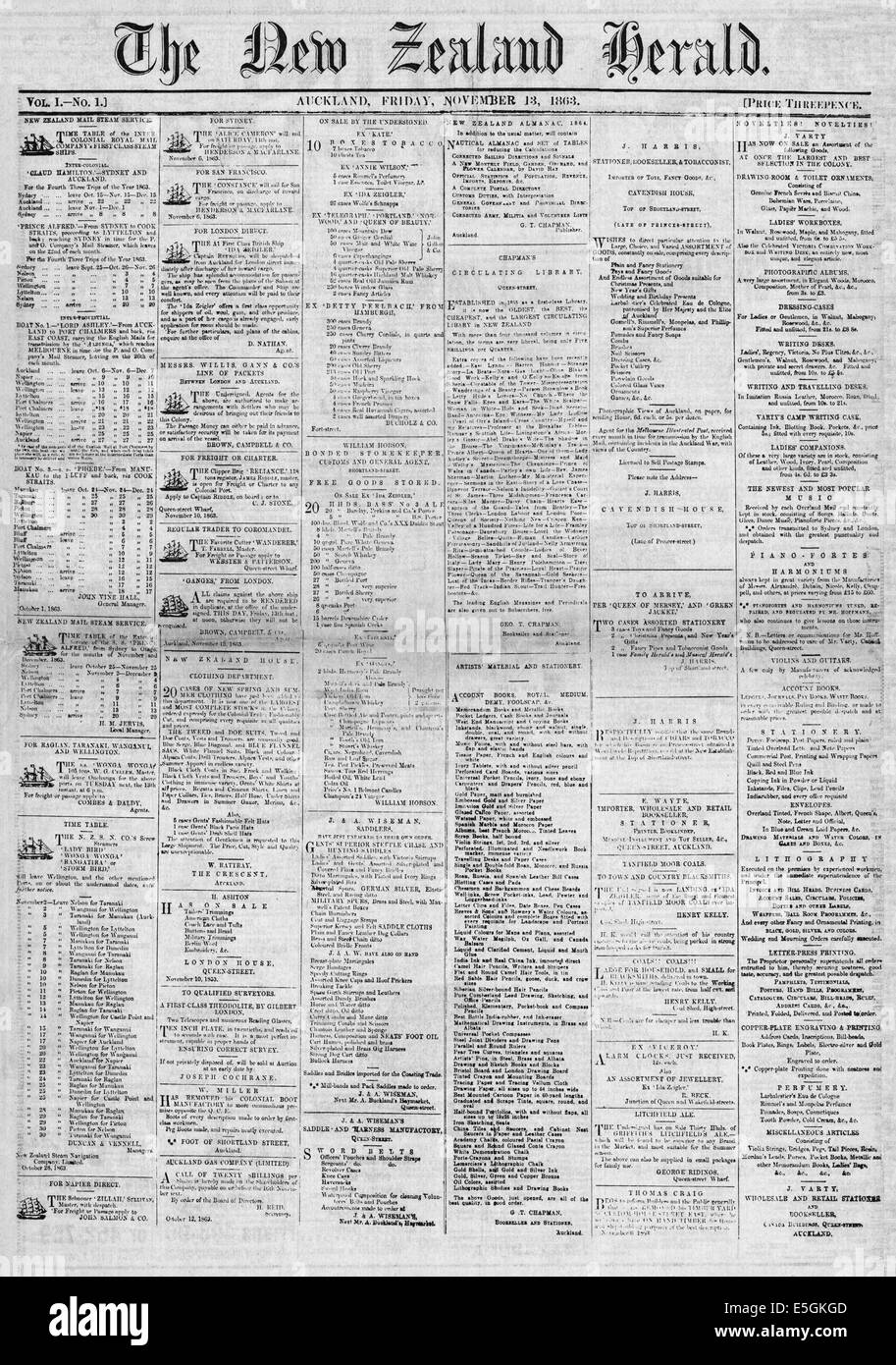 1863 the New Zealand Herald Ausgabe Nr. 1 Stockfoto