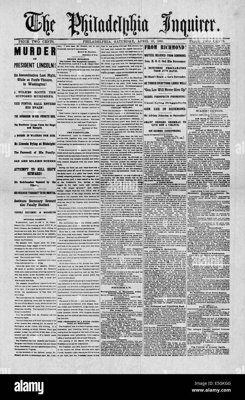 1865 Philadelphia Inquirer Titelseite Berichterstattung der Ermordung von Präsident Abraham Lincoln von John Wilkes Booth im Ford Theater in Washington D.C. Stockfoto