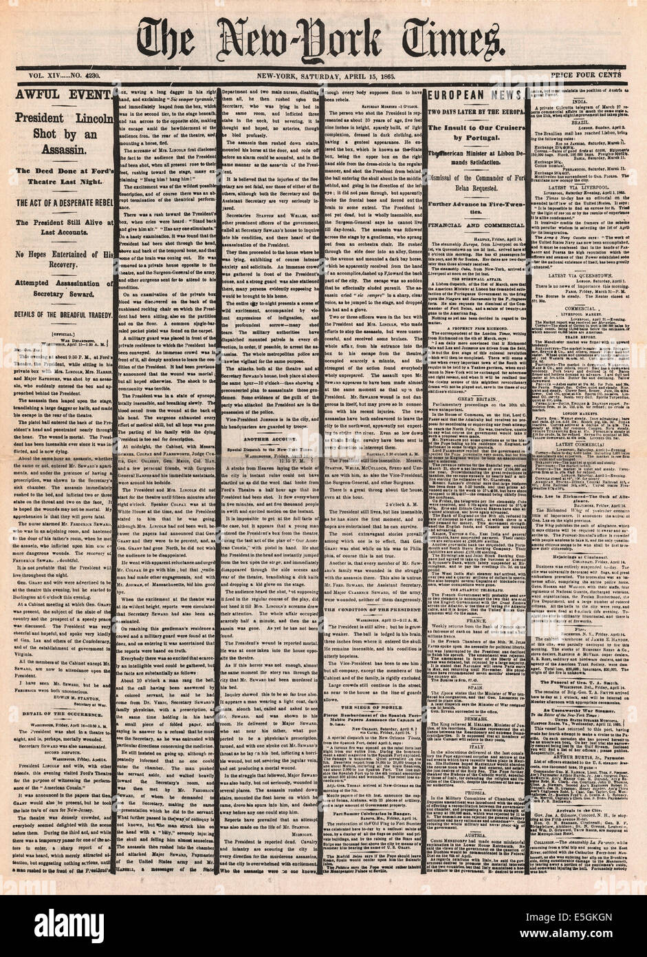 1865 New York Times Titelseite Berichterstattung der Ermordung von Präsident Abraham Lincoln von John Wilkes Booth im Ford Theater in Washington D.C. Stockfoto