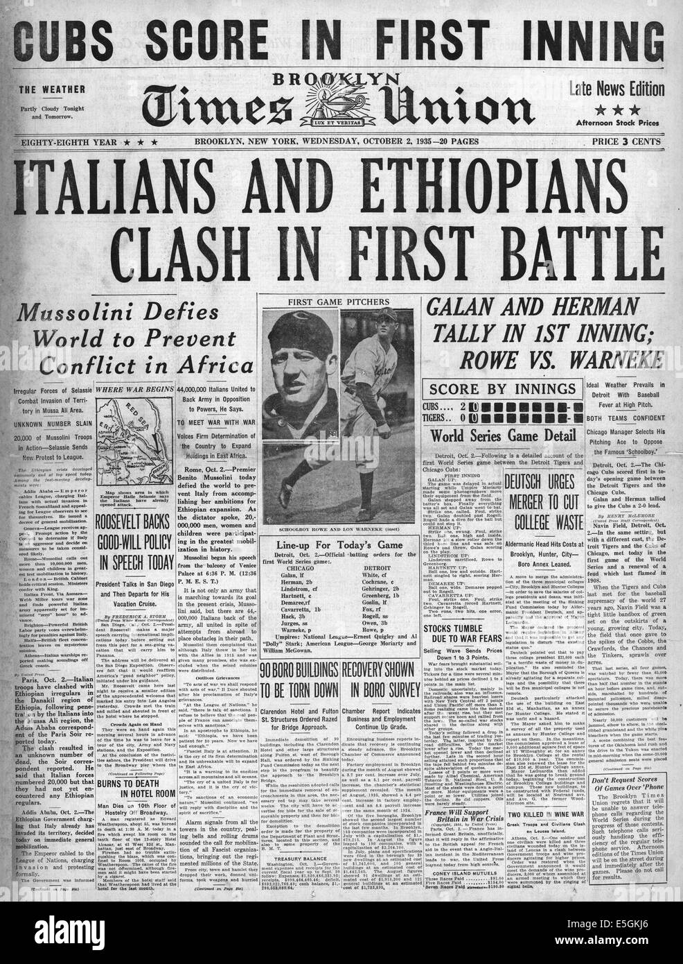 1935 Brooklyn Times Union (USA) Titelseite Berichterstattung, italienischen und äthiopischen Truppen Zusammenstoß im Abssynian Krieg Stockfoto