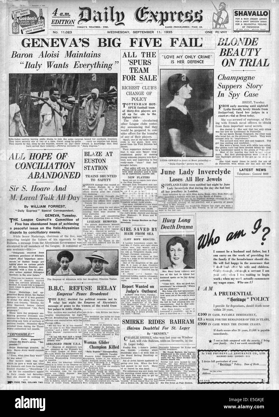1935 daily Express Titelseite Berichterstattung das Scheitern der Genfer Konferenz über die Abessinier Krise Stockfoto