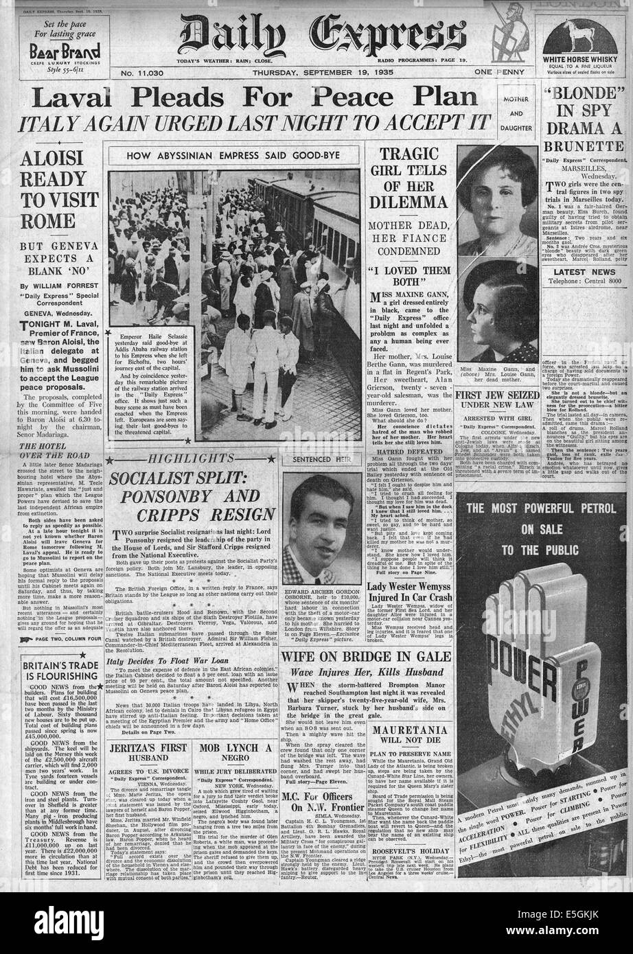 1935 daily Express Front Seite Berichterstattung französische Premierminister Pierre Laval in Genf auf Abessinier Krisengesprächen Stockfoto