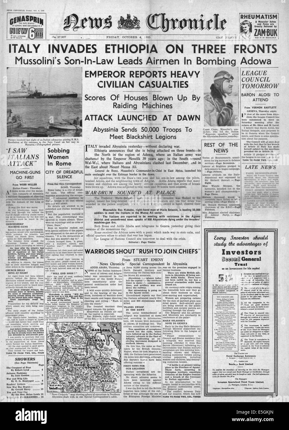 1935 News Chronicle Titelseite Berichterstattung italienische Truppen dringen in Äthiopien Stockfoto