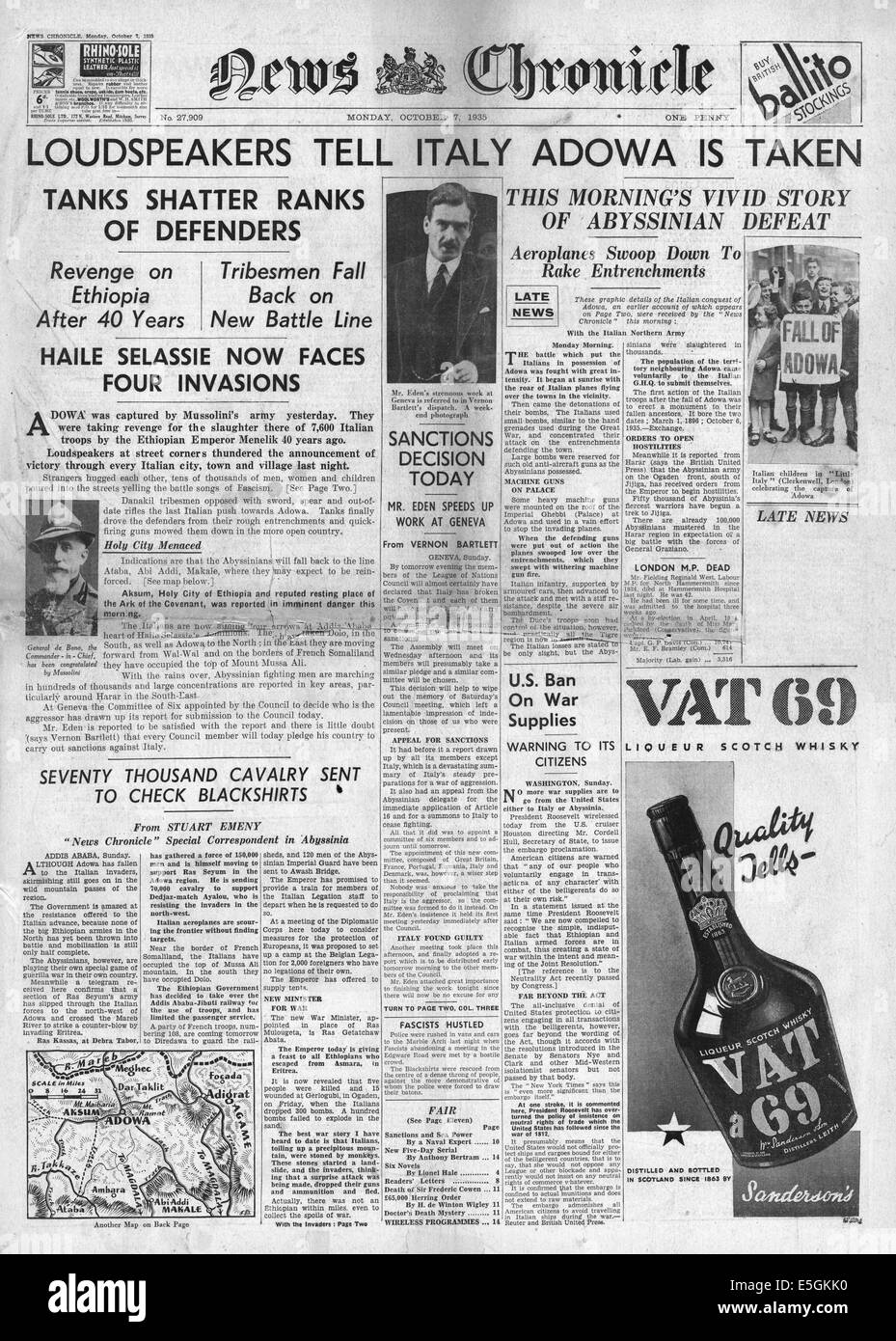 1935 News Chronicle Titelseite Berichterstattung Italienisch Kräfte angreifende Adowa in Abessinien Stockfoto