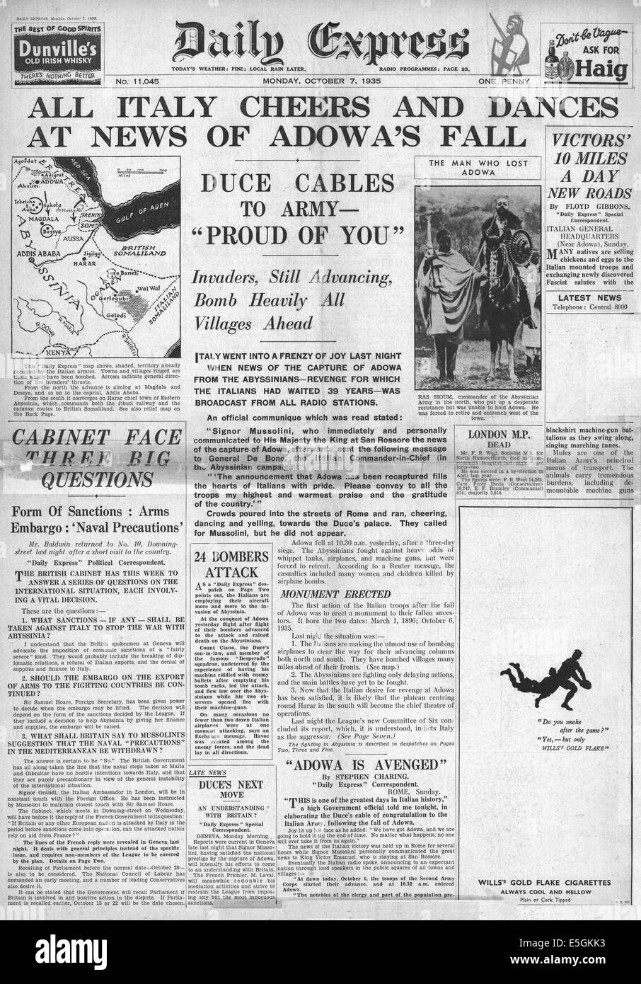 1935 News Chronicle Titelseite Berichterstattung Herbst Adowa, italienische Kräfte im abessinischen Krieg Stockfoto