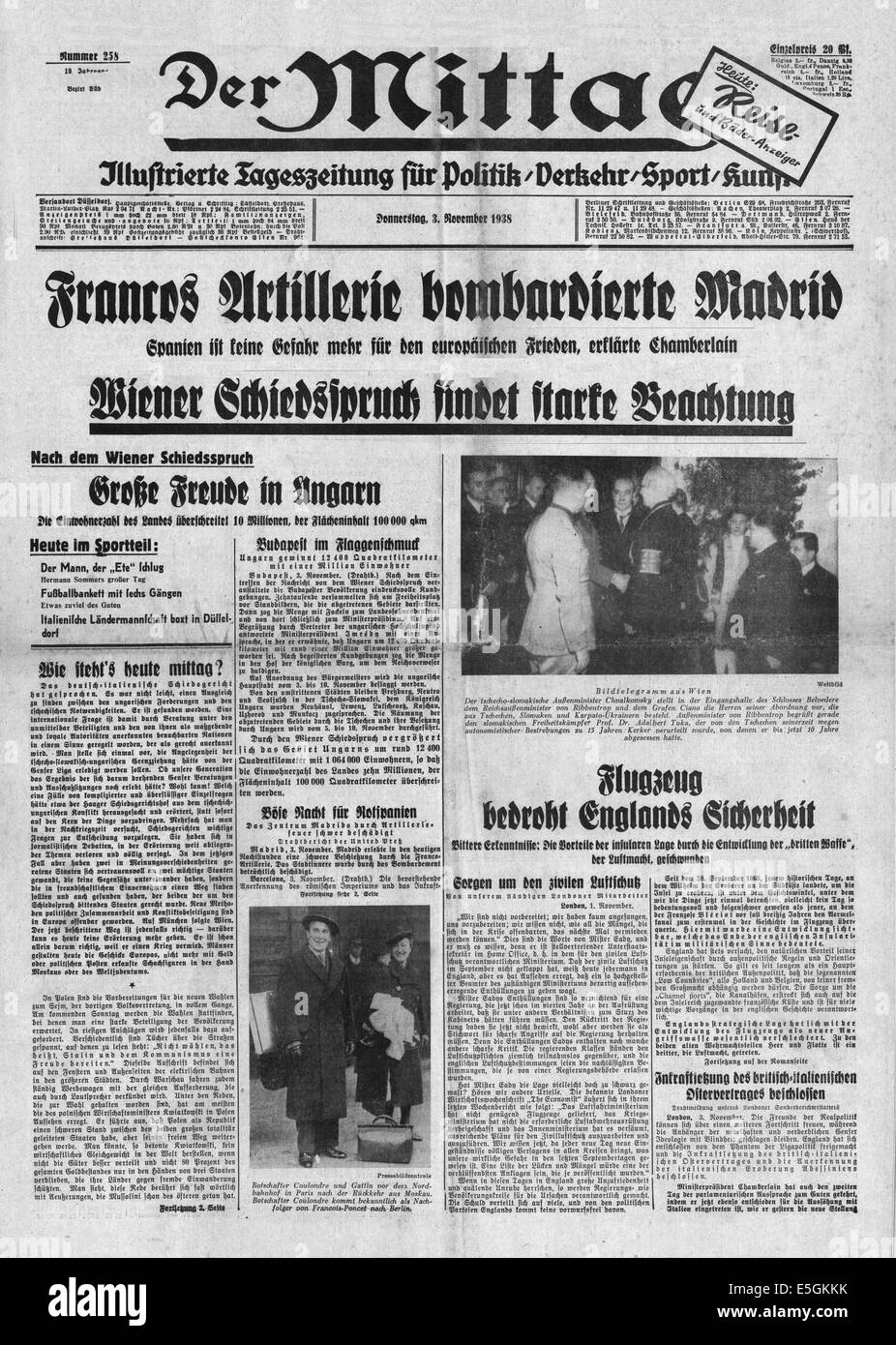 1938 der Mittag (Deutschland) Titelseite berichtet General Franco Artillerie bombardiert Madrid während des spanischen Bürgerkriegs Stockfoto