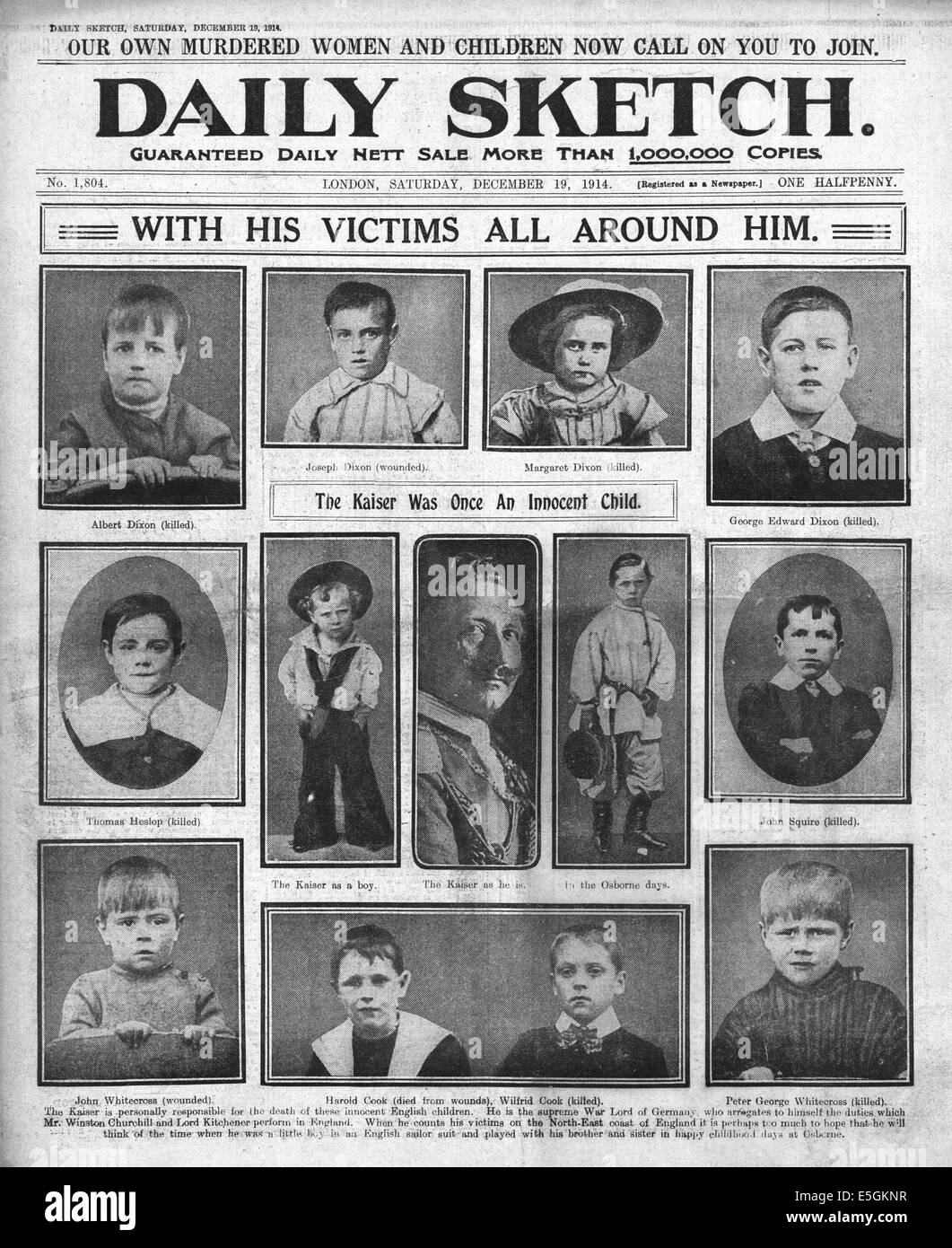 1914 daily Sketch Titelseite Berichterstattung Opfer von Scarborough, Hartlepool & Whitby Bombardierung Stockfoto