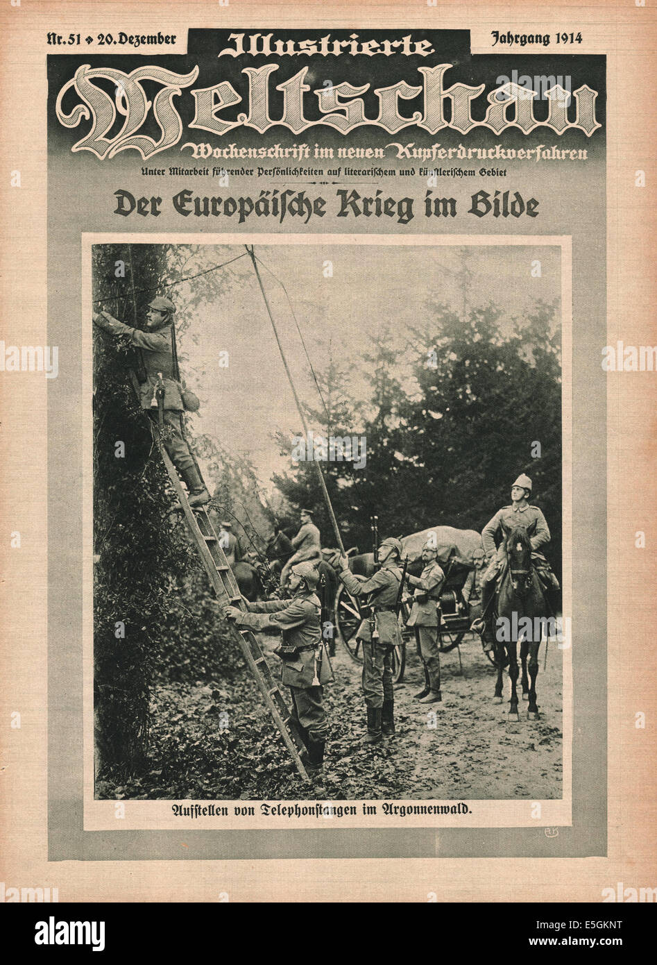 1914 Illustrierte Weltschau Titelseite zeigt deutsche Truppen Einrichten von Kommunikationsleitungen in den Wald von Argonne, Frankreich Stockfoto
