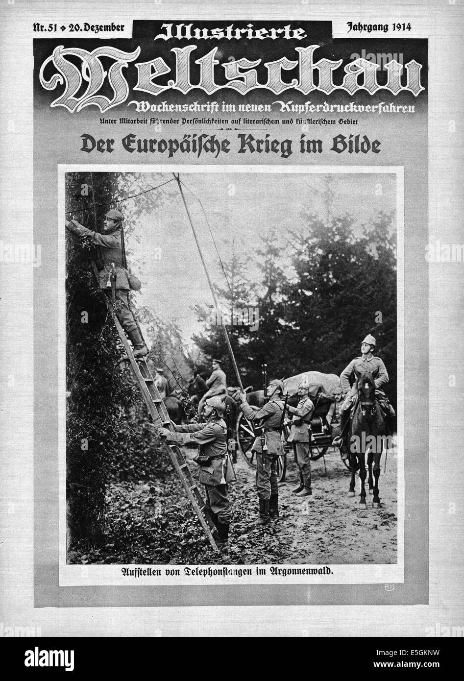 1914 Illustrierte Weltschau Titelseite zeigt deutsche Truppen Einrichten von Kommunikationsleitungen in den Wald von Argonne, Frankreich Stockfoto