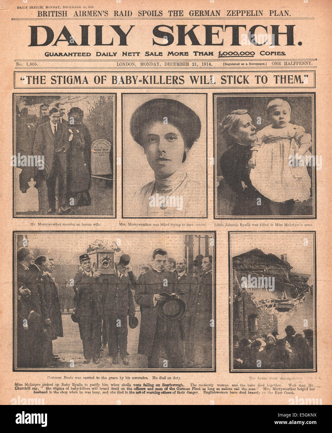1914 daily Sketch Titelseite Berichterstattung der Beerdigung von Opfern des deutschen Bombardement von Scarborough, Hartlepool & Whitby Stockfoto
