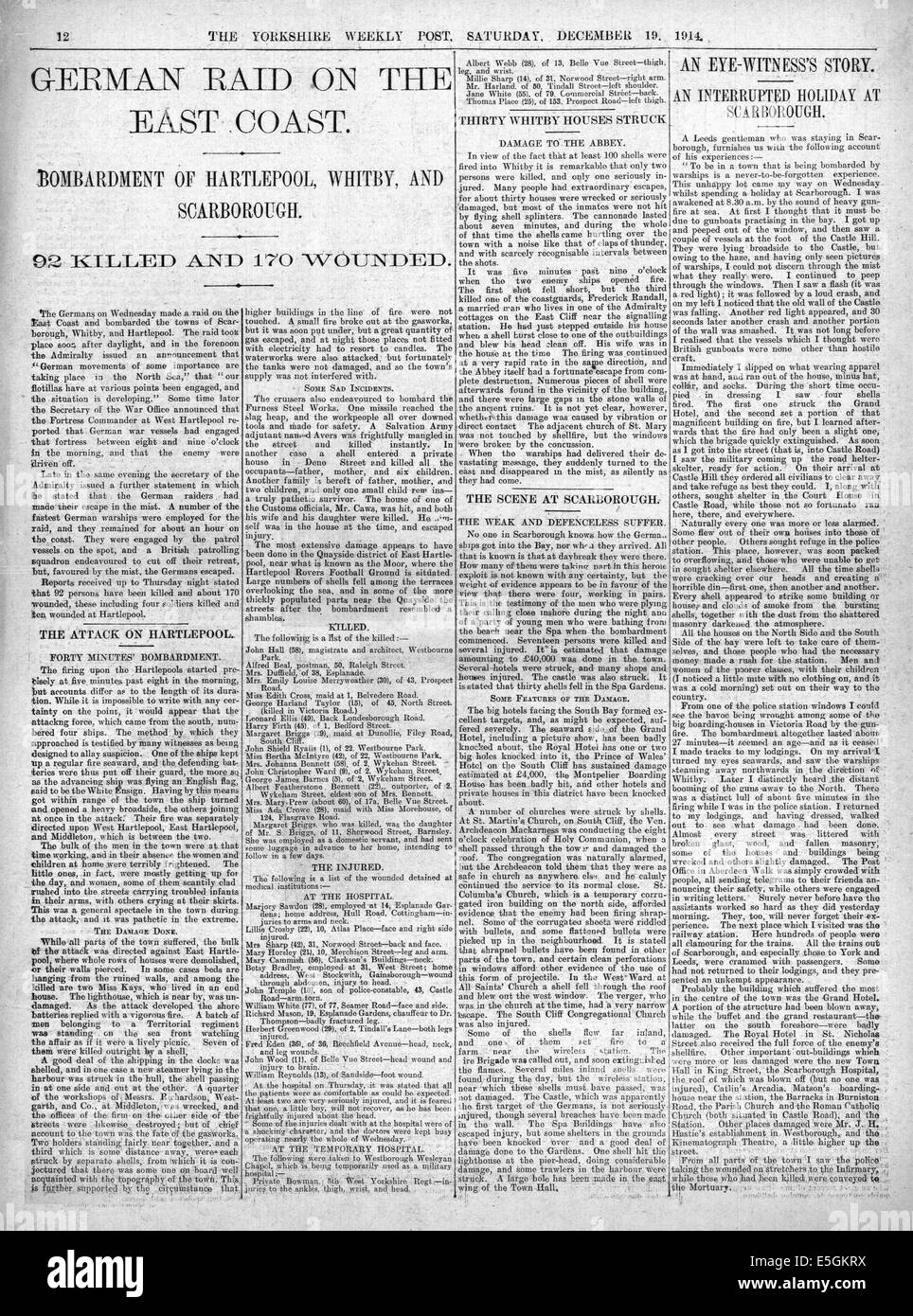 1914-Yorkshire wöchentliche Post-Seite Berichterstattung der Bombarbment von Scarborough, Hartlepool & Whitby durch Kreuzer der Kriegsmarine Stockfoto