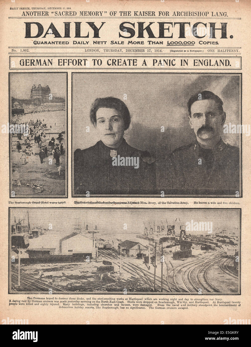 1914 daily Sketch Titelseite Berichterstattung der Bombarbment von Scarborough, Hartlepool & Whitby durch Kreuzer der Kriegsmarine Stockfoto