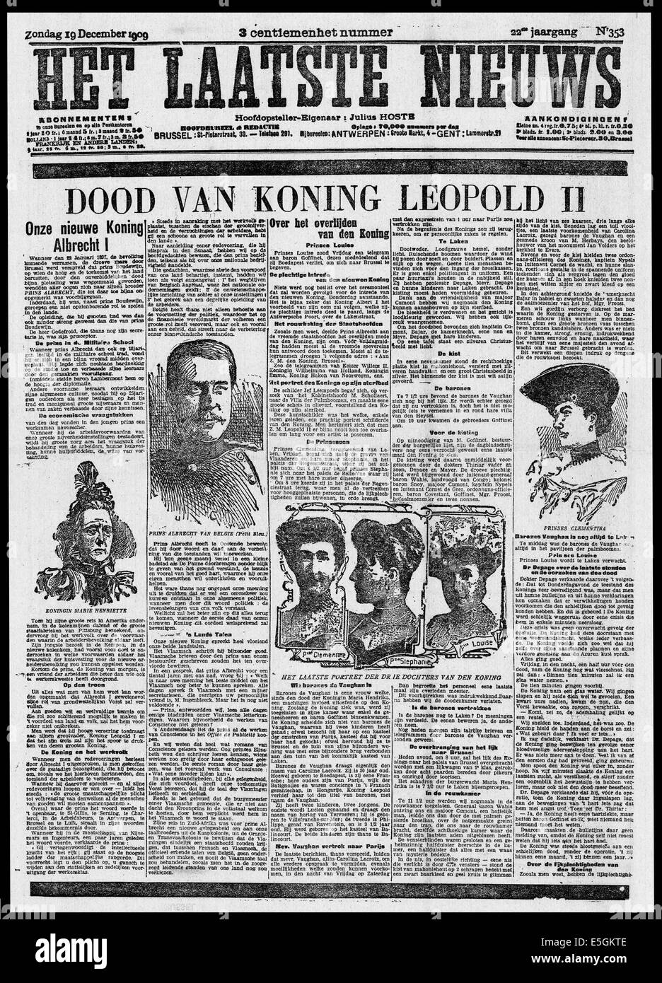 1909 Het Laatste Nieuws Titelseite berichtet den Tod von König Leopold II von Belgien Stockfoto