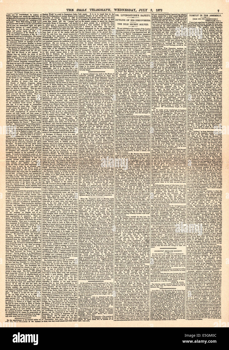 1872 daily Telegraph Seite 7 Berichterstattung der Sitzung des Dr. Livingstone und Henry Morton Stanley mit der Frage "Dr. Livingstone ich vermute"? Stockfoto
