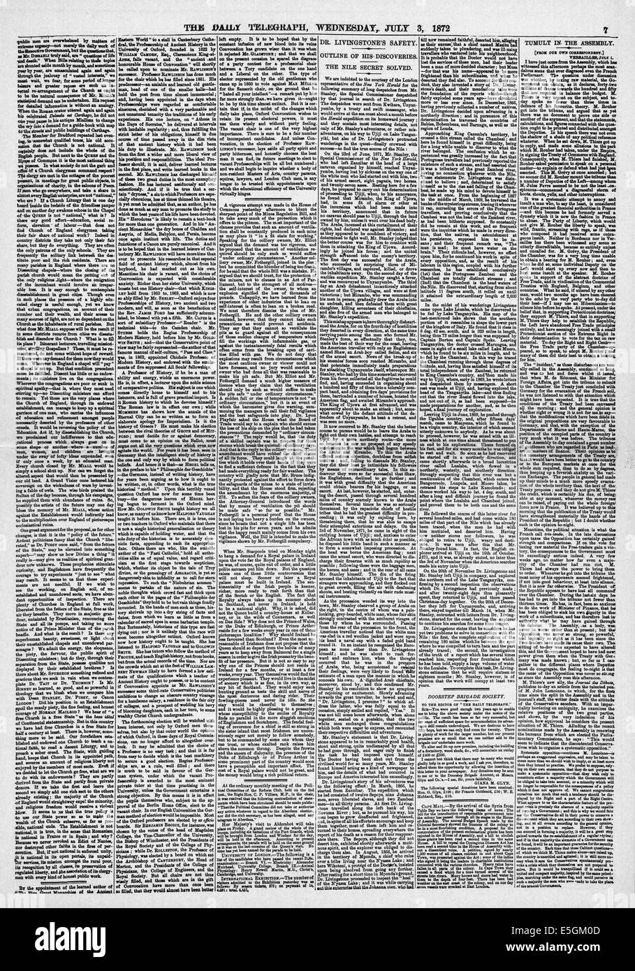 1872 daily Telegraph Seite 7 Berichterstattung der Sitzung des Dr. Livingstone und Henry Morton Stanley mit der Frage "Dr. Livingstone ich vermute"? Stockfoto