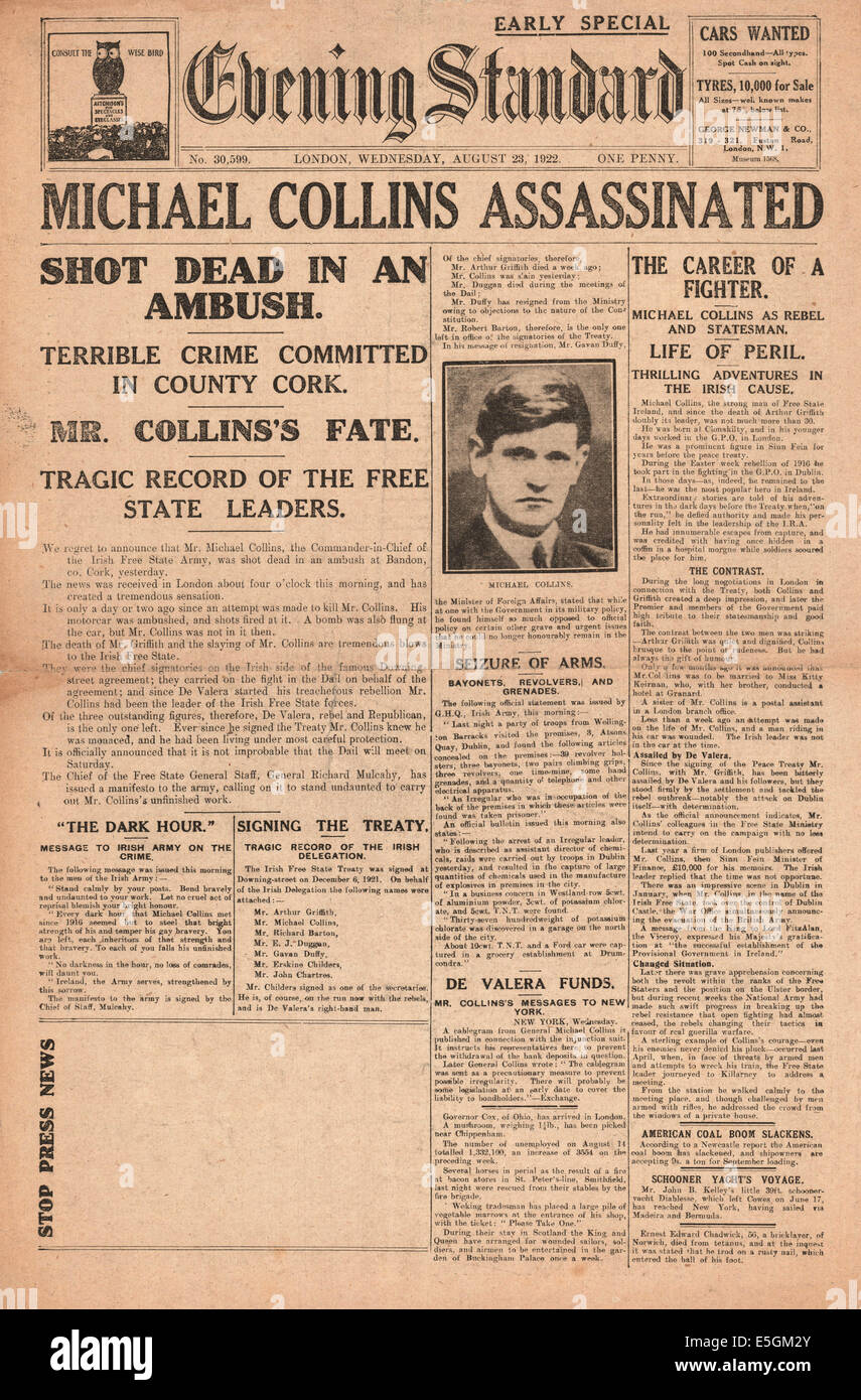 1922 Abend London (London) Titelseite Berichterstattung der Ermordung von Michael Collins Stockfoto 1922 Abend London (London) Titelseite Berichterstattung der Ermordung von Michael Collins Stockfoto