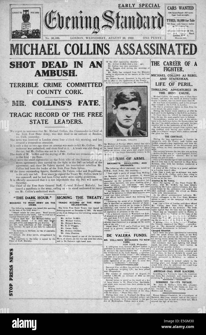1922 Abend London (London) Titelseite Berichterstattung der Ermordung von Michael Collins Stockfoto 1922 Abend London (London) Titelseite Berichterstattung der Ermordung von Michael Collins Stockfoto