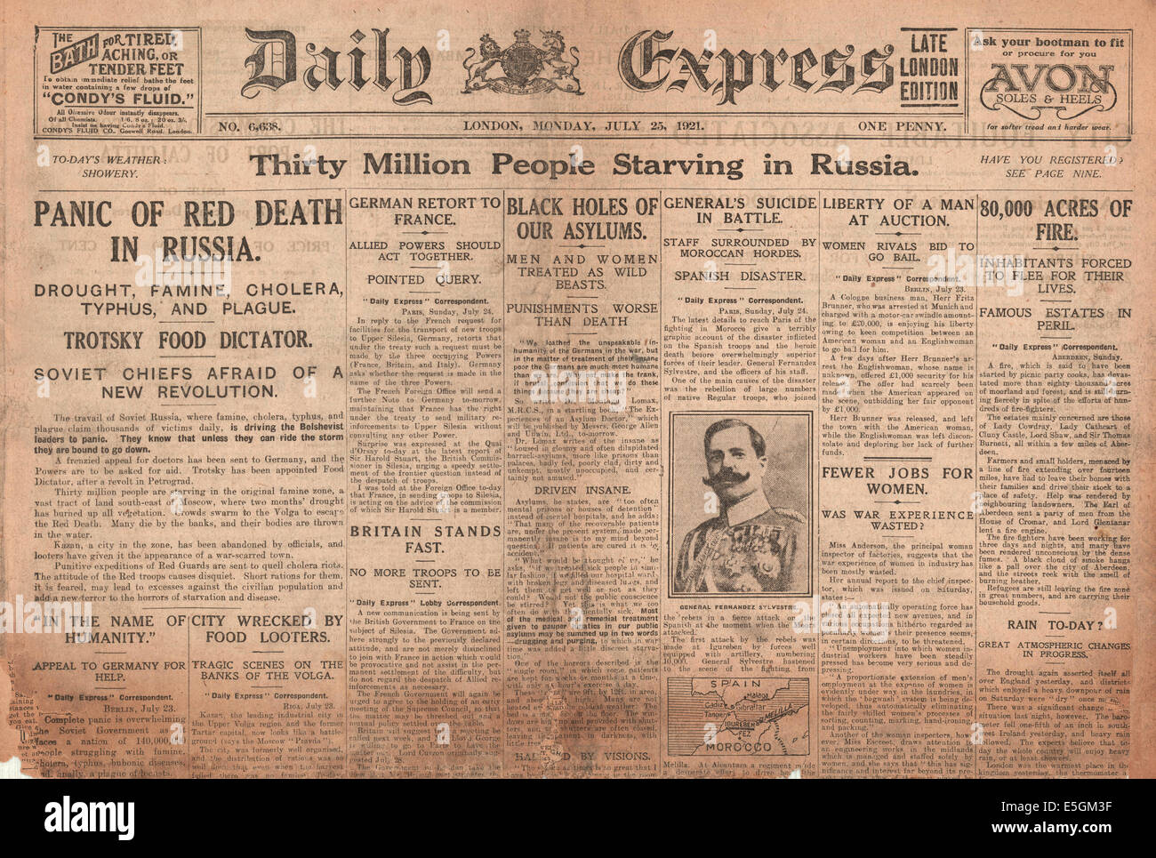 1921 daily Express Titelseite Berichterstattung der Hungers in Russland Stockfoto