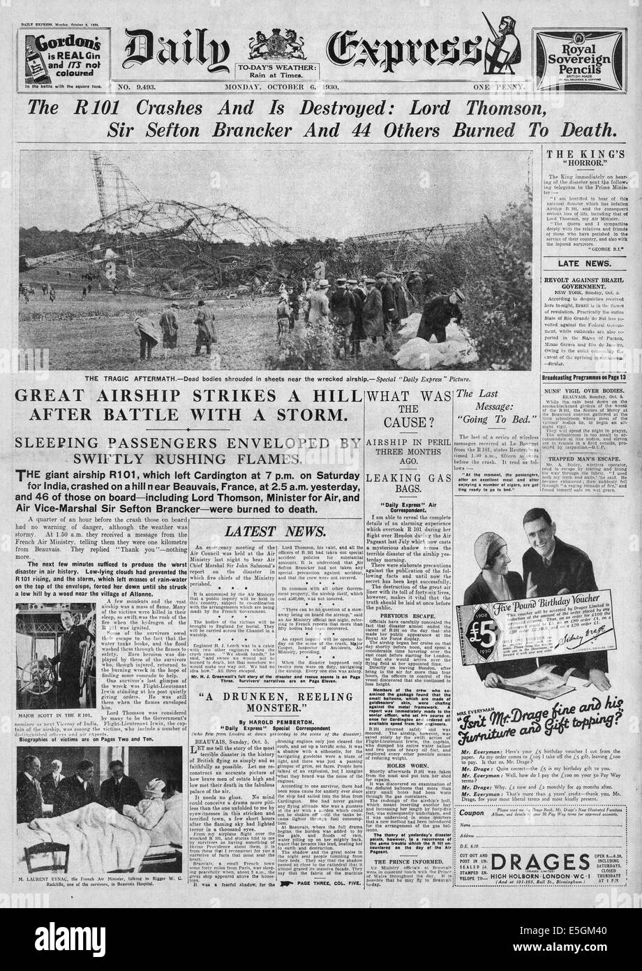 1930 daily Express Titelseite Berichterstattung der R101 Luftschiff Katastrophe in Frankreich Stockfoto
