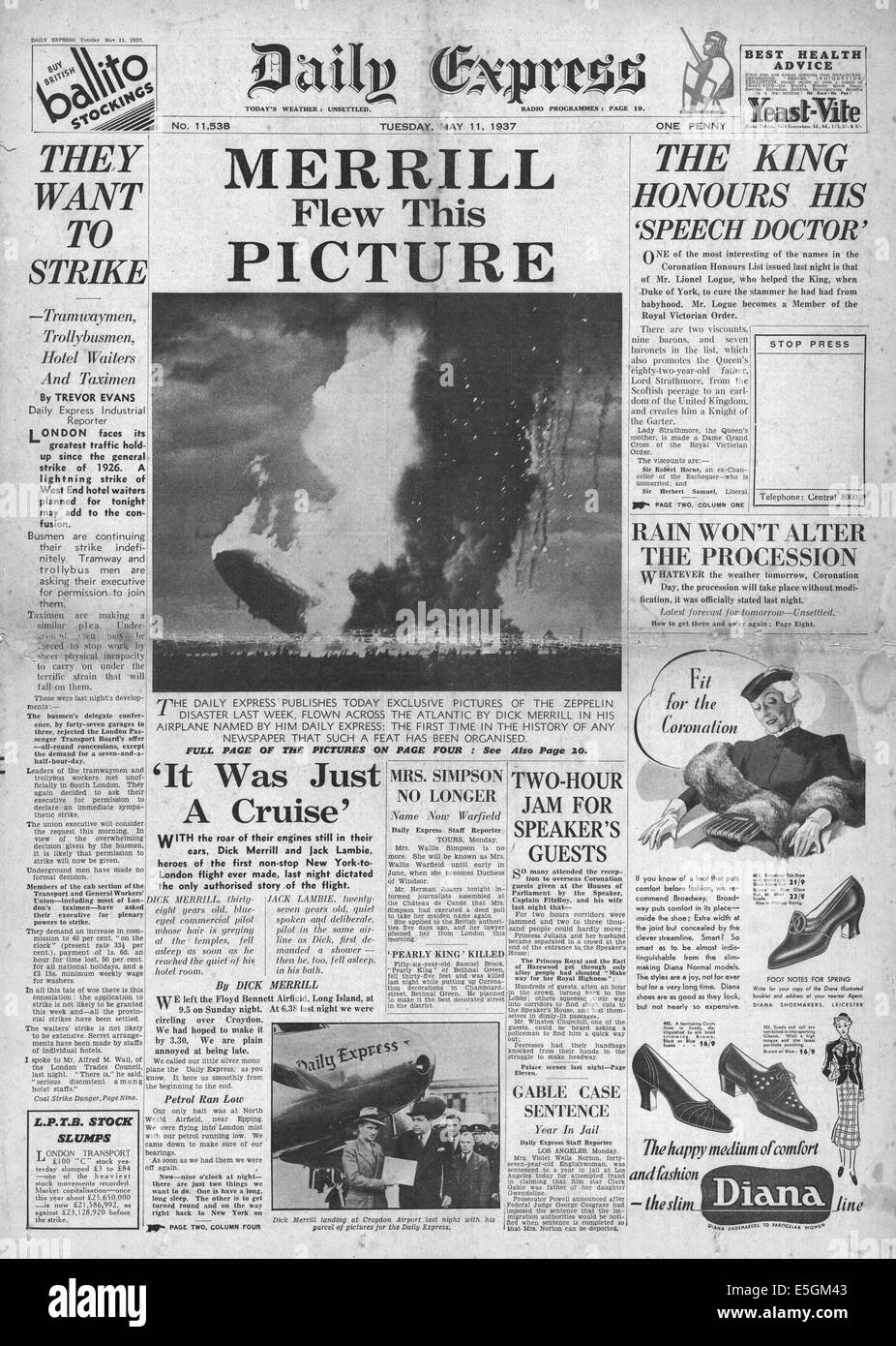 1937 daily Express Titelseite Berichterstattung der Hindenburg Zeppelin Katastrophe in Lakehurst, New Jersey Stockfoto