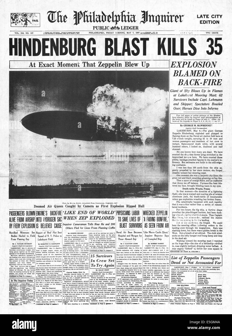 1937 Philadelphia Inquirer (USA) Titelseite Berichterstattung der Hindenburg Zeppelin Katastrophe in Lakehurst, New Jersey Stockfoto