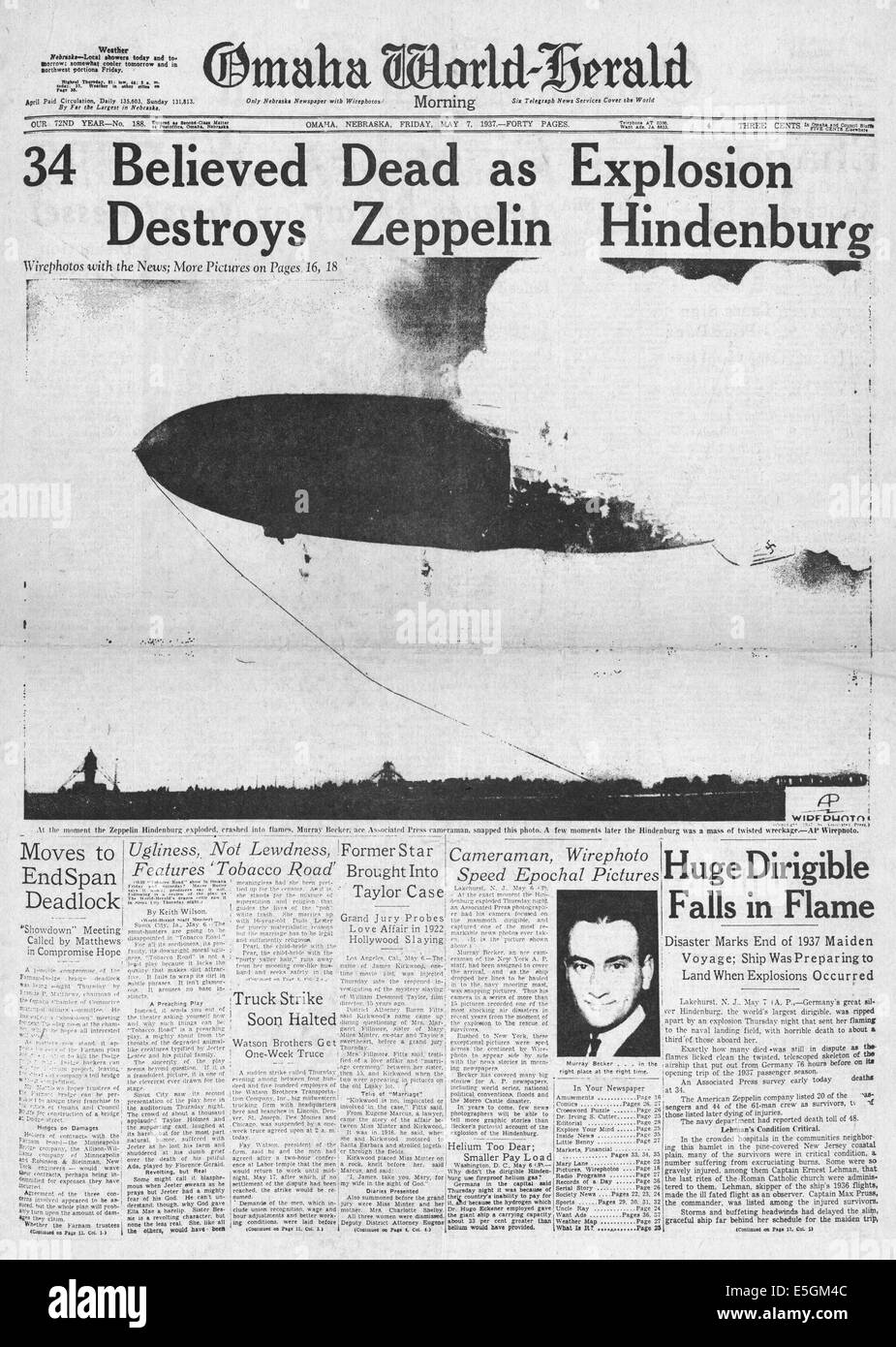 1937 Omaha Welt-Herald (USA) Titelseite Berichterstattung der Hindenburg Zeppelin Katastrophe in Lakehurst, New Jersey Stockfoto