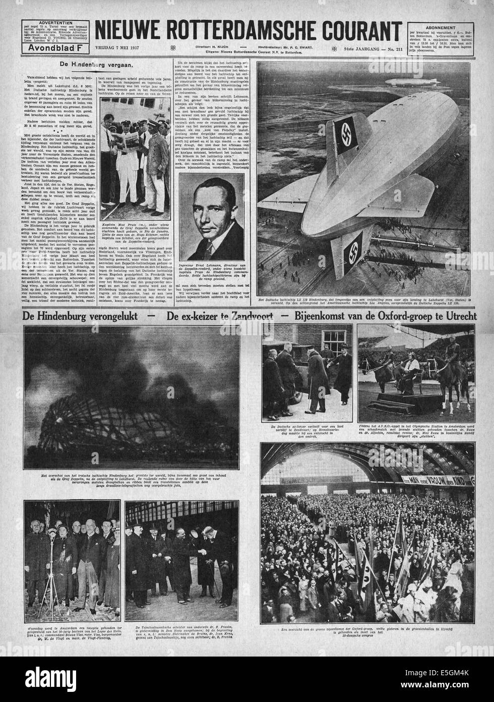 1937 Nieuwe Rotterdamsche Courant (Holland) Titelseite Berichterstattung der Hindenburg Zeppelin Katastrophe in Lakehurst, New Jersey Stockfoto