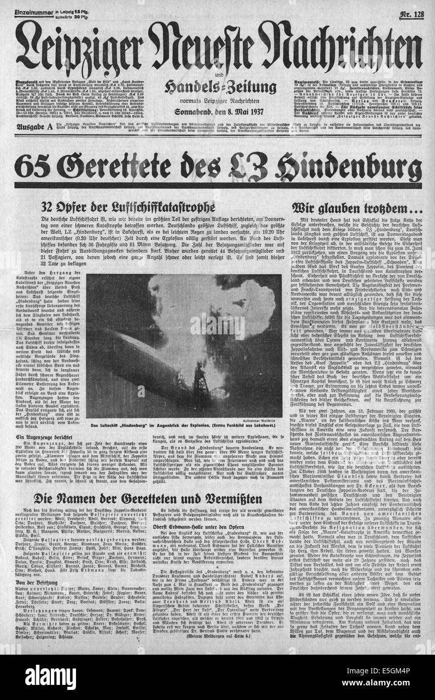 Leipziger Neueste Nachrichten (Deutschland Titelseite Berichterstattung der Hindenburg Zeppelin Katastrophe in Lakehurst, New Jersey Stockfoto