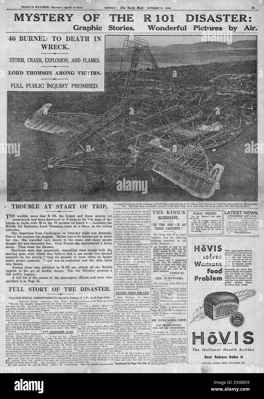 1930 daily Mail Seite 13 Berichterstattung der R101 Luftschiff Katastrophe in Beauvais, Frankreich Stockfoto