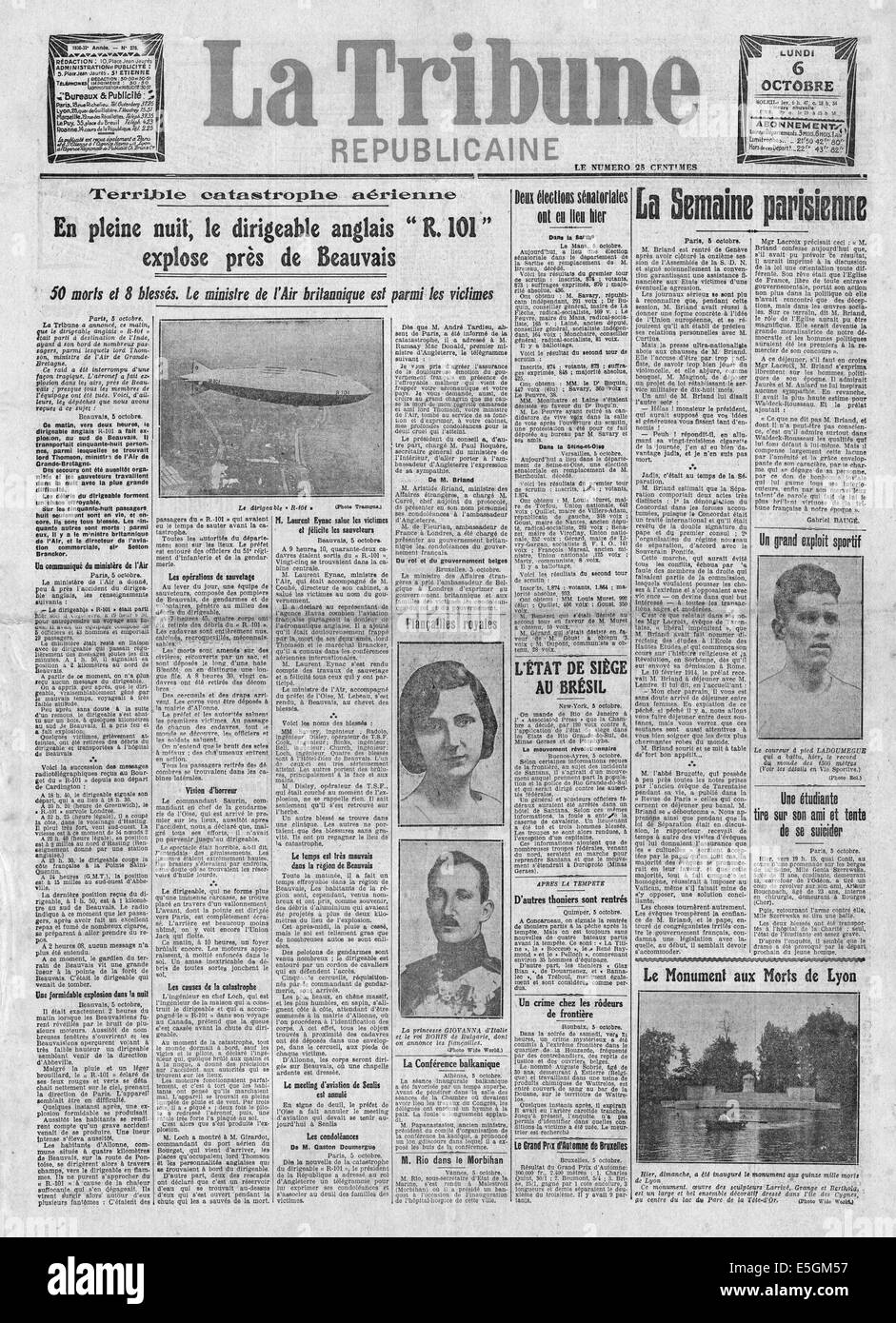 1930 la Tribune Republicaine (Frankreich) Titelseite Berichterstattung der R101 Luftschiff Katastrophe in Beauvais, Frankreich Stockfoto