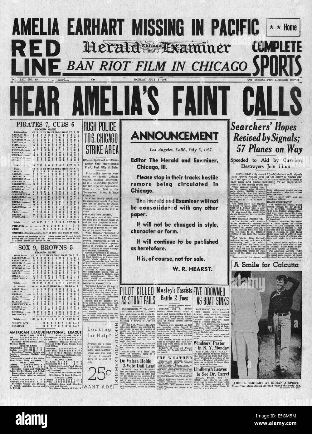1937 Chicago Herald Examiner (USA) Front Seite Berichterstattung Amelia Earhart fehlt Stockfoto