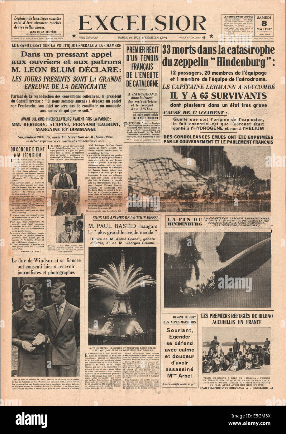 1937 Excelsior (Frankreich) Titelseite Berichterstattung der Hindenburg Zeppelin Katastrophe in Lakehurst, New Jersey Stockfoto