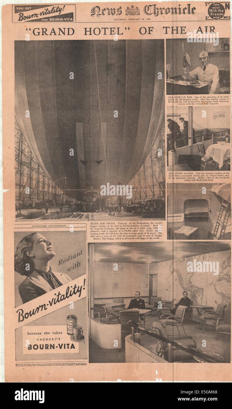 1936 News Chronicle zurück Seite Foto zeigt die Luxus-Interieur des neuen Zeppelins Hindenburg kurz vor ihrem Jungfernflug Stockfoto