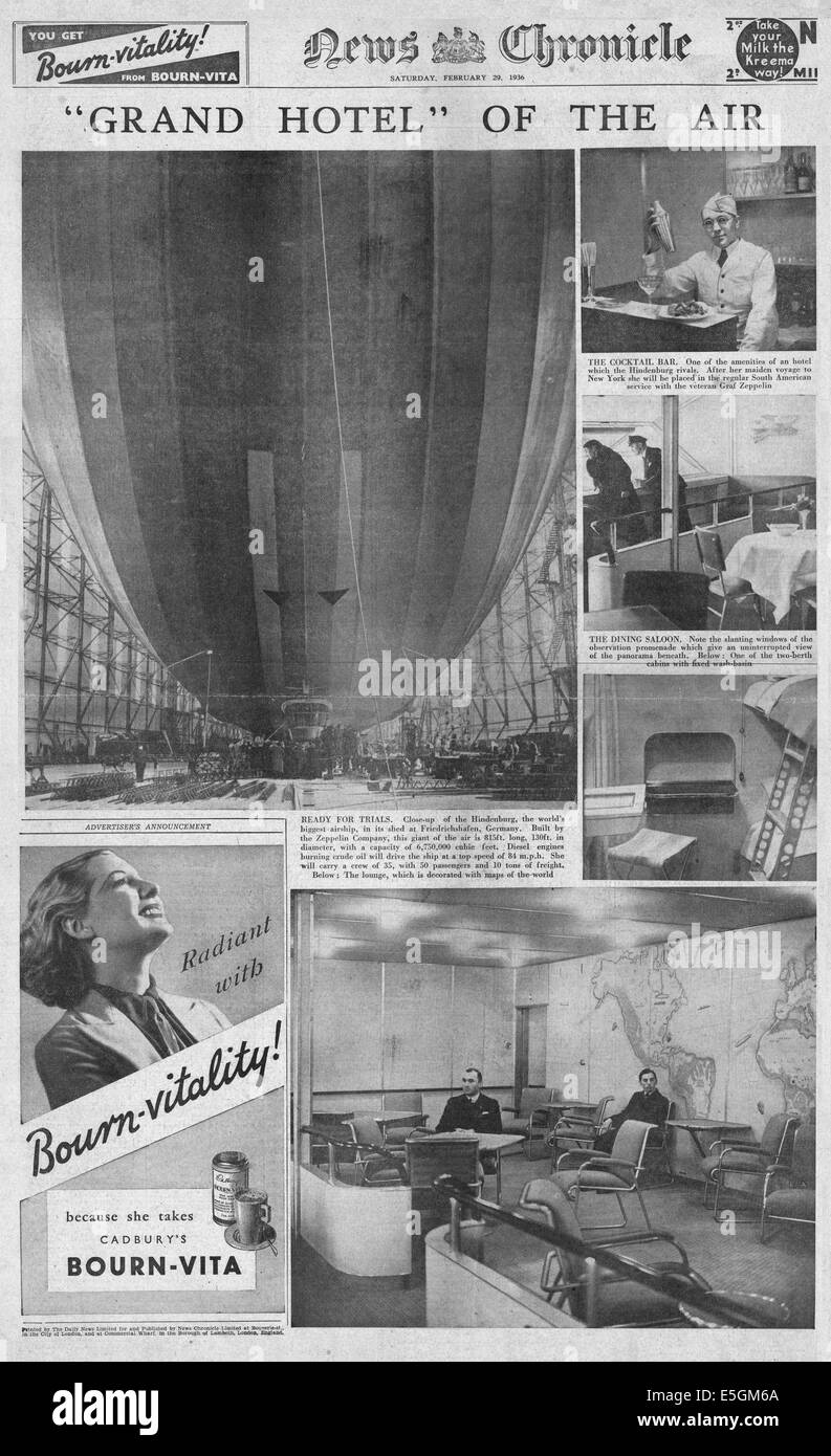 1936 News Chronicle zurück Seite Foto zeigt die Luxus-Interieur des neuen Zeppelins Hindenburg kurz vor ihrem Jungfernflug Stockfoto