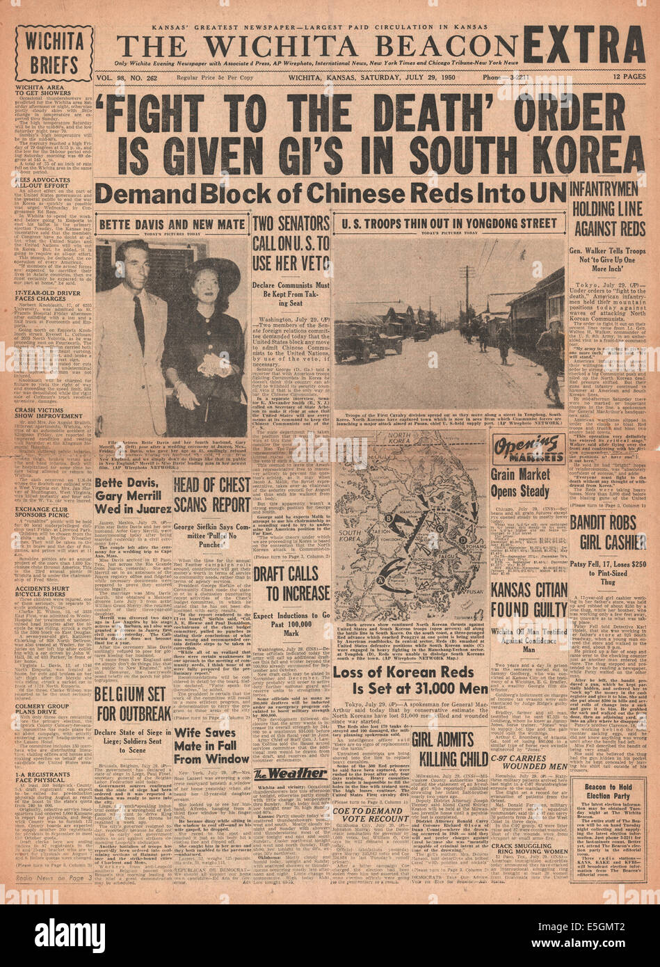 1950 Wichita Beacon Usa Titelseite Berichterstattung Der Amerikanischen Streitkrafte In Aktion Im Korea Krieg Stockfotografie Alamy