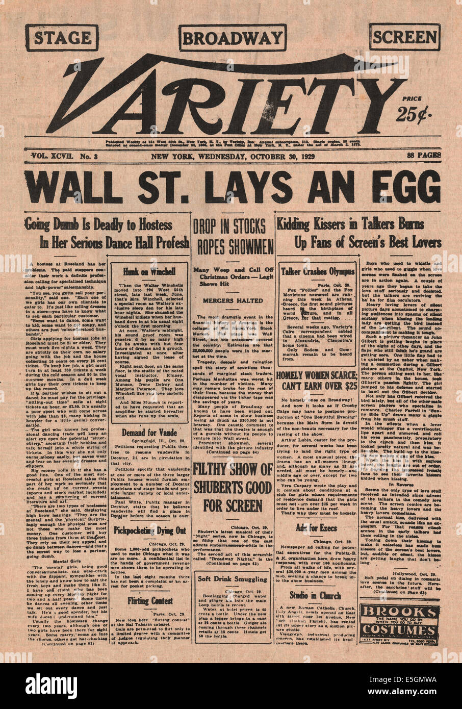 1929 Vielfalt (USA) Titelseite berichtet das Wall Street Crash Stockfoto